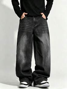 2605MJEN01 Jeans Hombre Baggy Holgados Pantalón de Mezclilla Oversize Aesthetic Minimalista Deslavado Vintage Outfit Calle Verano Otoño Cómodo y Transpirable Enviado desde México - Negro - Ver 1