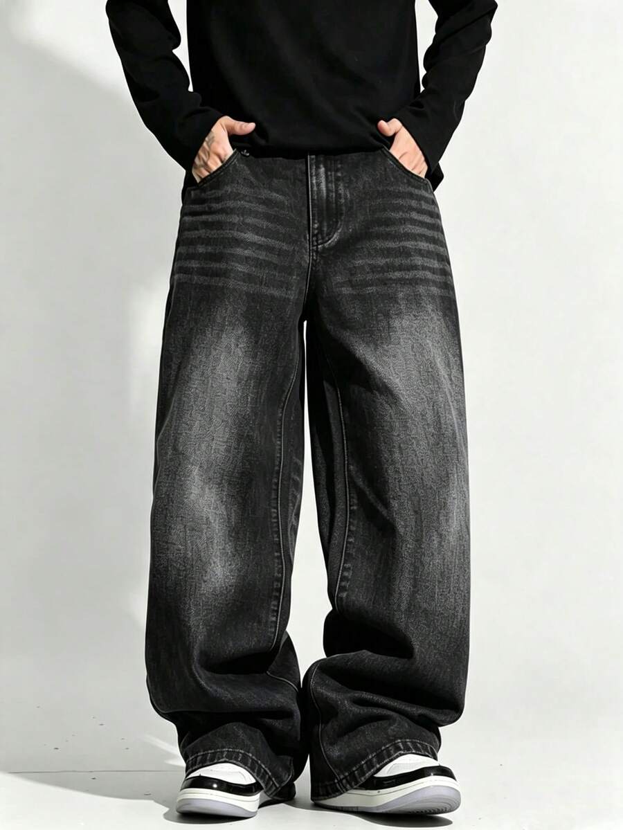 2605MJEN01 Jeans Hombre Baggy Holgados Pantalón de Mezclilla Oversize Aesthetic Minimalista Deslavado Vintage Outfit Calle Verano Otoño Cómodo y Transpirable Enviado desde México - Negro - Ver 1