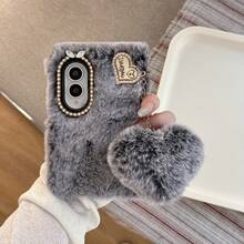 Autumn/Winter Colorblock Plush Heart Pendant Phone Case For Galaxy Z Fold3/4/5/6/7/8, Rhinestone Camera Frame, Girly Style Full Coverage Protective Cover - Grey - View 2