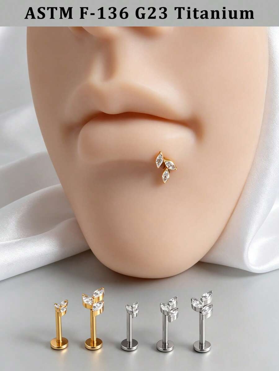 1pc Titanium Alloy Zirconia Horse Eye Lip Stud Inner Thread CZ Small/Medium/Large Flower Shaped Lip Stud Cartilage Flat Stud Ear Jewelry For Women - As Shown In Figure 2 - View 1