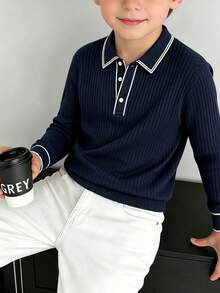 Boys Collared Knit Polo Shirt, Contrast White Trim Long Sleeve Ribbed Knit Pullover, Preppy Casual Top - Navy Blue - View 1