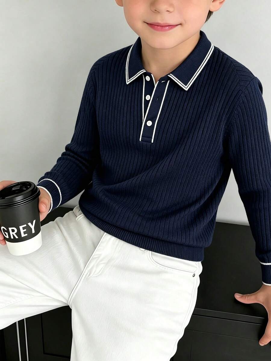 Boys Collared Knit Polo Shirt, Contrast White Trim Long Sleeve Ribbed Knit Pullover, Preppy Casual Top - Navy Blue - View 1