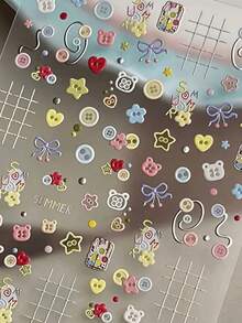 1/3/6pcs Macaron Button Bear Embossed Stickers, Colorful Round Button Cute Bear Head, Bow Tie Heart Star Combination, With English "SUMMER" Text, Suitable For Camera, Phone Case, Water Cup, Planner DIY Decoration. Handmade DIY Decorative Stickers, Can Decorate And Protect Lens From Wear, Express Yourself Decorative Protective Film - Multicolor - View 8