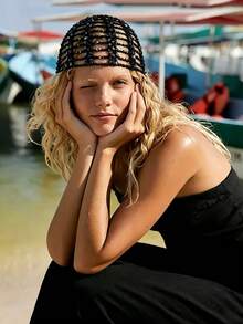 1 Peça Gorro de Tricô Feminino Vintage Francês com Lantejoulas, Chapéu Slouchy Feminino de Crochê Vazado para Férias/Praia/Uso Diário - Multicolorido - Visão 8