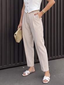 1pc Women's Casual Straight Leg Long Pants With Pockets, Solid Color Zipper Trousers For Daily Wear, Commuting, Best Friend Gatherings, Spring/Summer - Light Grey - View 5