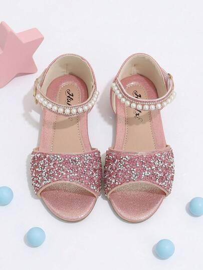 Girls' Pink Rhinestone Open Toe Sandals With Pearl Pendant Decor And Hook And Loop Closure, Suitable For Summer Parties And Outings