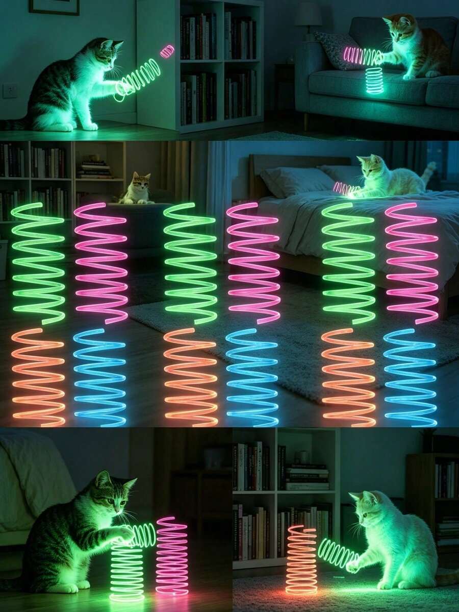 Glowing Effect Happy Kitten Spring Indoor Cat Toy, Spiral Design, Suitable For Chasing, Playing And Exercising. Small Indoor Pets Can Chase, Can Be Used As Birthday Gift And Valentine's Day Gift. - Multicolor - View 1
