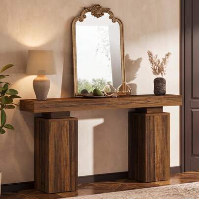 LITTLE TREE 160cm Long Console Table, Farmhouse Rustic Brown Wooden Sofa Table Behind Couch, Accent Foyer Table For Hallway, Living Room, Entrance Decor