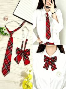 1 Set Classic School Uniform Hawthorn Red Plaid Collar & Bow Tie Combination - Hawthorn Red Plaid - View 4