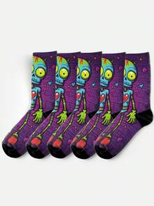 Cool 360° Printed Men's Socks - Street Style Socks, Halloween Skeleton, Zombie Doll Skull, Colorful Fun Socks, Suitable For Daily, Holiday And Party Occasions - Purple - View 5