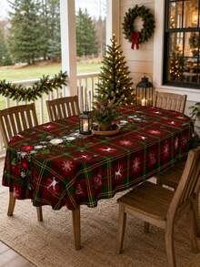 1pc Christmas Plaid Tablecloth, Classic Polyester Rectangular Tablecloth, Printed With Greenery Wreath, Red Berries, Decorative Balls And Snowflake Patterns, Suitable For Kitchen Decor, Wedding, Home Decor, Room Decor, Christmas Home Decor And Classroom Decor - Multicolor - View 4