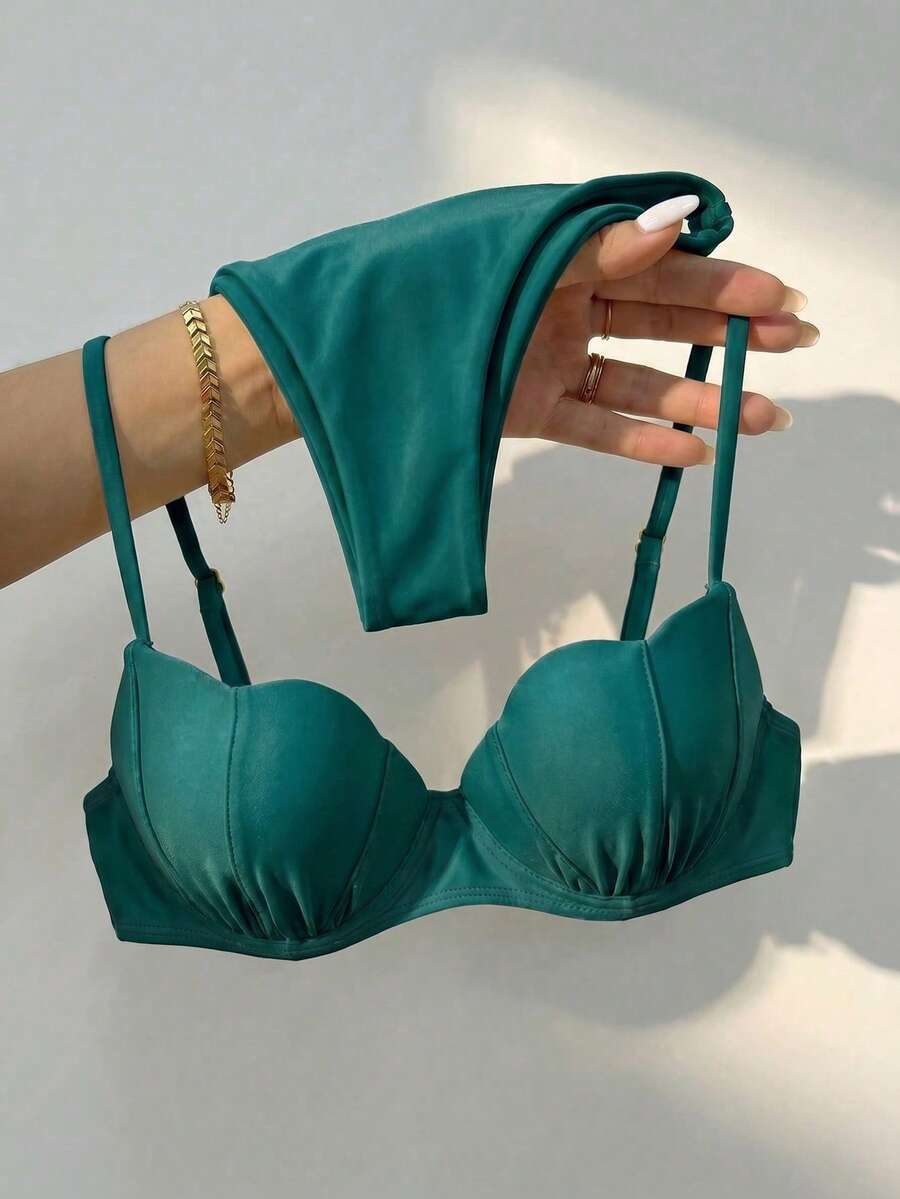 Bikinx Women's Solid Color Shell-Shaped Cup Spaghetti Strap Bikini Set, Back Tie Swimsuit, Suitable For Beach Vacation Summer - Green - View 1