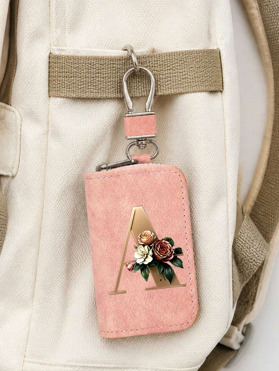 Pink Zipper Key Pouch With Metal Flower Letter, PU Faux Leather Organizer, Functional Key Pouch Suitable For Car, Home And Office - Perfect For Graduation, Teacher's Day - Neutral Design, Travel Accessory, Elegant Jewelry, High-Quality Craftsmanship, Professional Accessory, Perfect Gift For Classmates And Friends, Faux, Mini, Minimalist Style, Perfect Wedding And Holiday Gift Or Accessory For Women's Handbag, Keychain, Valentine's Day Gift, Ideal Choice For Graduation Ceremony And Teacher's Day - Multicolor - View 1