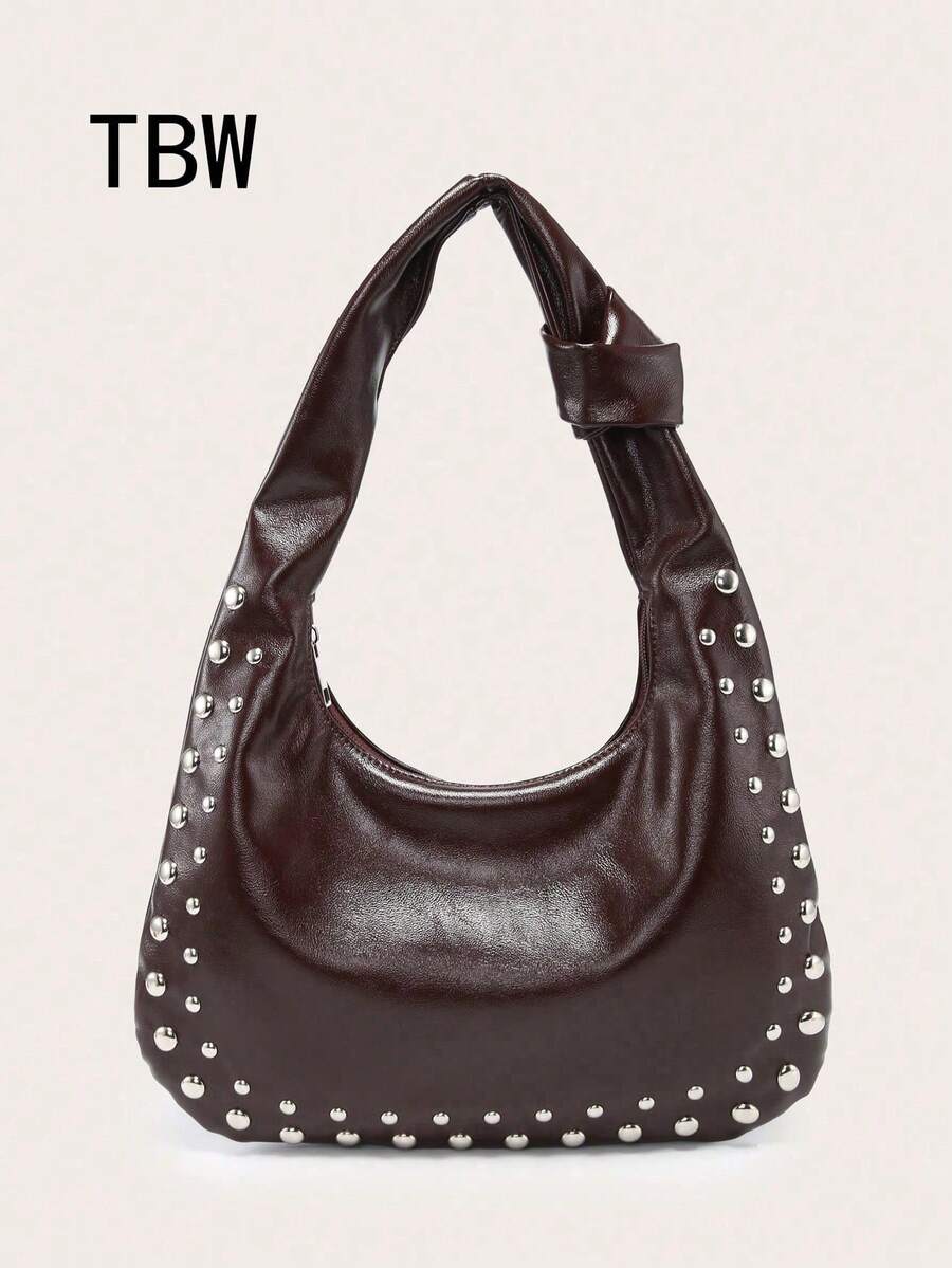 Women's Crescent Shoulder Bag, PU Material, Large Capacity, Stud Decor, Vintage Style, Suitable For Commuting And Outings - Coffee Brown - View 1