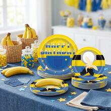 10/20/40pcs Cartoon Mini Jeans Disposable Paper Plates, Yellow Cartoon Banana Happy Birthday Print, 7 Inch And 9 Inch Party Plates, Suitable For Birthday Party, Cartoon Theme Party, Summer Pool Party, Afternoon Tea And Holiday Celebration Table Decor - Multicolor - View 2