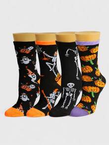 Halloween 4 Pairs Novelty Crew Socks Spooky Ghost Dancing Skeleton Pumpkin Graphic Mid Length Holiday Party Dress Up Socks - Multicolor - View 9