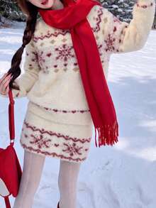 Women's New Autumn/Winter Atmosphere Pattern Pullover Sweater And Skirt 2 Pieces Set, Suitable For Christmas - Red and White - View 1