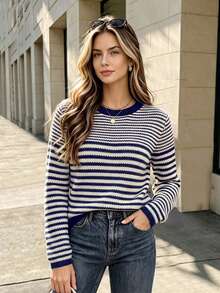 Sweater Rajut Bergaris Lengan Panjang Wanita Modis untuk Musim Gugur dengan Kain Sedikit Elastis - MultiWarna - View 3