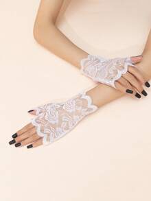 1 Pair New Transparent Rose Pattern Lace Fingerless Gloves, Bridal Wedding Dress Photography Atmosphere Short Gloves, Polyester Fiber - White - View 1