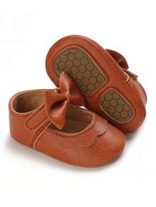 Premium Infant Girl Bow Mary Jane Shoes, Soft Sole Non-Slip Newborn Princess Walking Shoes - Brown - View 2