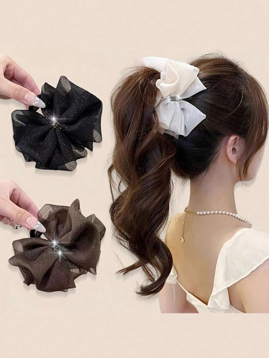 1件春夏新款閃亮水鑽網紗蝴蝶結髮夾,女款時尚中號蝴蝶結髮夾,防滑髮爪夾 - 彩色 - 查看 1
