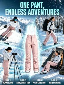 1pc Women's Loose Fit Winter Snowboard Pants, Sporty Style, With Detachable Suspenders Sports Pink - Pink - View 5