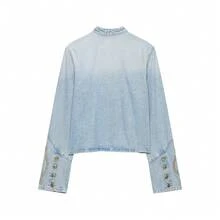 DEEKA Autumn New Women's European And American Style Fashion Minimalist Versatile Long Sleeve Round Neck Button Decor Denim Jacket - Blue - View 3