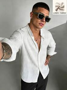WAIT HIM Men's Casual Striped Long Sleeve Shirt - White - View 3