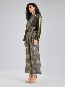 Rich Radi Q's 花卉印花 PU 皮革口袋夾克，適合生日派對、旅行、度假、春季、秋季、冬季 - 綠色 - 查看 5