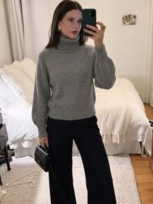 女款休閒秋冬純色灰色高領長袖落肩套頭毛衣/日常辦公通勤穿搭 - 灰色 - 查看 7
