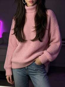 Women's High Neck Knit Sweater Pullover, Slouchy Ribbed Soft Elegant Casual Solid Color Versatile Top - Pink - View 5