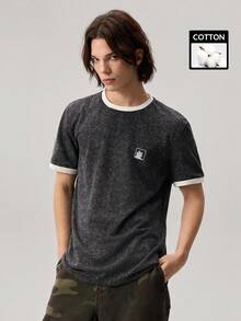 Vaulklash Standard Size Men's Washed Black T-Shirt With White Sleeve Trim Design - Black - View 1