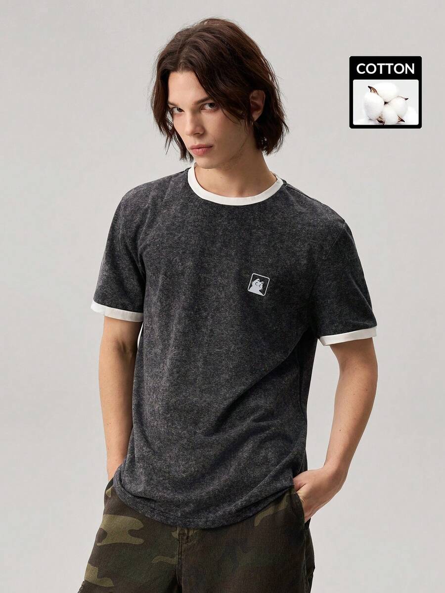 Vaulklash Standard Size Men's Washed Black T-Shirt With White Sleeve Trim Design - Black - View 1