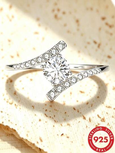 1pc S925 Sterling Silver Minimalist Twisted Cross Design Cubic Zirconia Ring, Open Adjustable Band, Elegant Elegant Women's Daily Wear Quality Jewelry