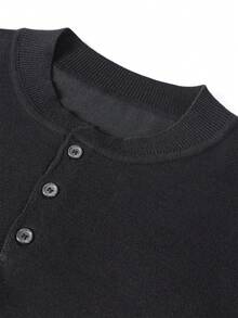 Men's Autumn/Winter Henley Collar Long Sleeve Minimalist Sweater - Black - View 6