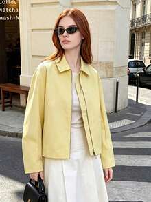 Women's Zipper Jacket, Loose Long Sleeve, Casual New Style 2024 Fashion Women's Flight Jacket, Short Jacket Yellow - Yellow - View 4