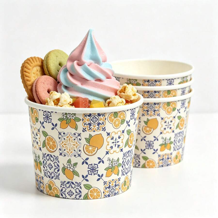 Lemon & Tile Pattern Ice Cream Cups, Mediterranean Floral Design, Disposable Dessert Bowls, Suitable For Cold Drinks, Frozen Yogurt, Ice Cream, Pudding And Snacks, Perfect For Adult Summer Vacation Parties, Wedding Catering, Food Market Vendors And Snack Service - Multicolor - View 1