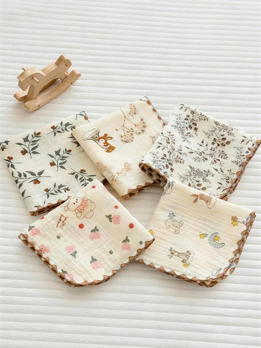 5pcs Baby Gauze Square Towels, Soft Wrinkled Face Cloths With Multiple Cartoon Print Patterns, Reinforced Wavy Edges, Non-Deforming, Absorbent Soft Gauze Baby Multi-Purpose Bibs, Washable And Reusable Small Square Towels - Baby Bibs - View 1