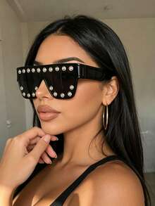 1pc Full-Rim Metal Eyelet Rivet Large Square Frame Niche Glasses, Pure Black Lenses, Niche Subculture Personalized Exaggerated Fashion Accessory, Suitable For Daily Wear, Street Photography, Vacation Travel, Summer Beach And Other Occasions, Full Of Academic Style, Showcasing Fashion Taste - black gray - View 3