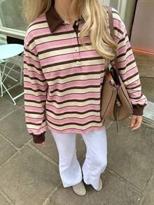 女款條紋針織 Polo 上衣 長袖鈕扣領 常規版型 休閒套頭衫 秋季款 - 粉色 - 查看 5