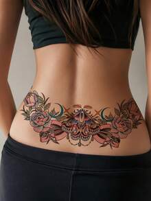 1pc Waterproof Temporary Tattoo Sticker, Butterfly Rose Chain Floral Print, Cool Pattern, Non-Reflective, Easy To Use, Suitable For Women's Back, Chest And Other Areas, Lasts 3-7 Days, Essential For Parties And Music Festivals - Black - View 1