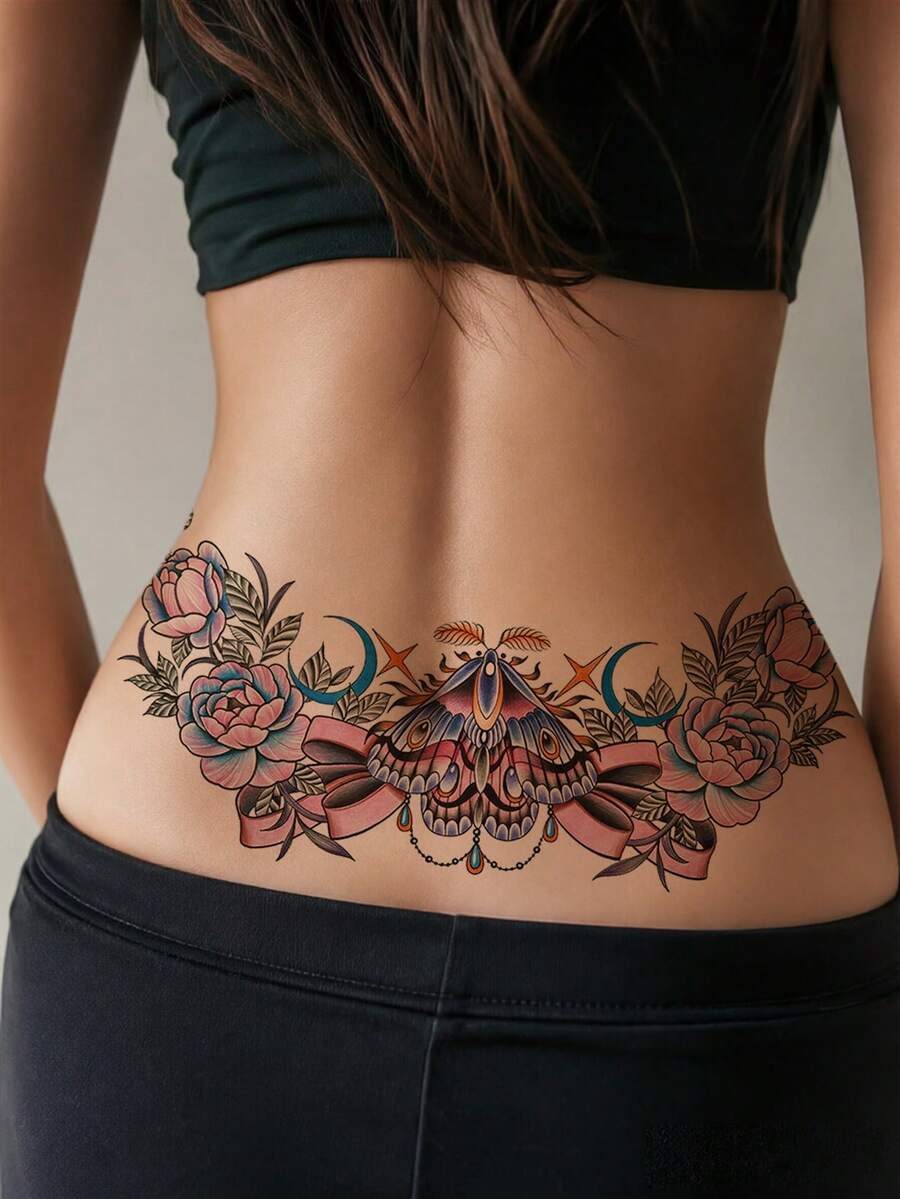 1pc Waterproof Temporary Tattoo Sticker, Butterfly Rose Chain Floral Print, Cool Pattern, Non-Reflective, Easy To Use, Suitable For Women's Back, Chest And Other Areas, Lasts 3-7 Days, Essential For Parties And Music Festivals - Black - View 1