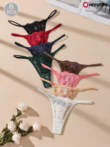 8pcs Solid Color Lace Sexy Women's G-String Panties - Multicolor - View 2