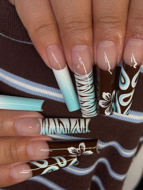 Elevate Your Style 24pcs Long Water Pipe Nails Black Blue White Tie Dye Wide French Floral Zebra Pattern Cool Hot Girl Personalized Y2K Gothic Style Suitable For Autumn/Winter Wear Press-On Detachable Reusable Nail Tips With Jelly Glue And Nail File Jelly Glue Randomly Shipped