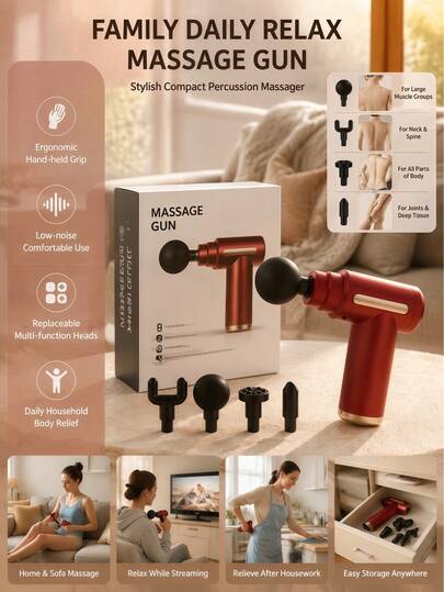 Antosun Pistolet de massage musculaire portable (1 unité), masseur corporel à percussion silencieux avec 4 têtes de massage multifonctions et niveaux de vitesse réglables, appareil de relaxation compact rechargeable par USB pour soulager les douleurs au cou, aux épaules et au dos, idéal pour la maison