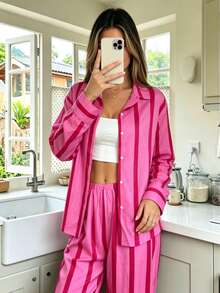 Nina Bonheur 2pcs Women Loose Comfortable Breathable Long Sleeve Top And Long Pants Pajama Set - Hot Pink - View 6