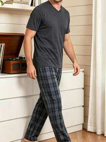Men's Summer Pajama Set, Round Neck Solid Color Short Sleeve Top And Plaid Long Pants Loungewear - Multicolor - View 4