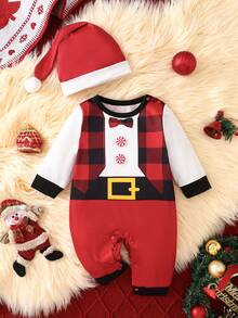 Christmas Newborn Baby Boy & Girl Cute Cartoon Red Plaid Print Long Sleeve Romper + Hat 2pcs Set, Spring & Autumn - Red - View 2