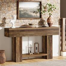 LITTLE TREE 140cm Farmhouse Console Table, 2‑Tier Storage Sofa Table Behind Couch, Rustic Wood Entryway Table For Hallway, Living Room - Brown - View 8