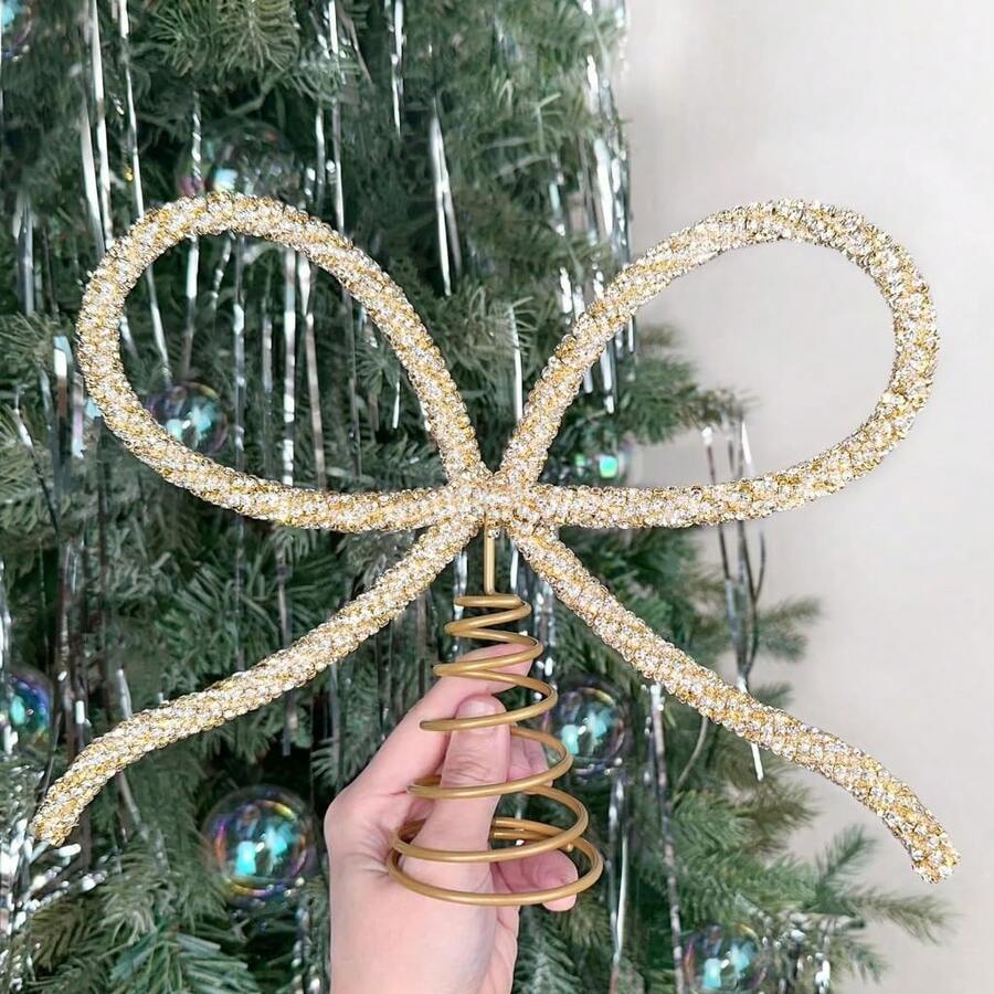 1Pc Christmas Decorations - Christmas Decor - Gold Glass Rhinestone Bow Tree Topper - Xmas Holiday Tree Top Decoration For Indoor Outdoor Home Room Party
